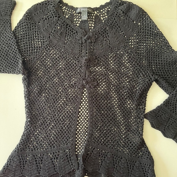 INC International Concepts Open Knit Crochet Black Ruffle Hem Cardigan M - Picture 7 of 15